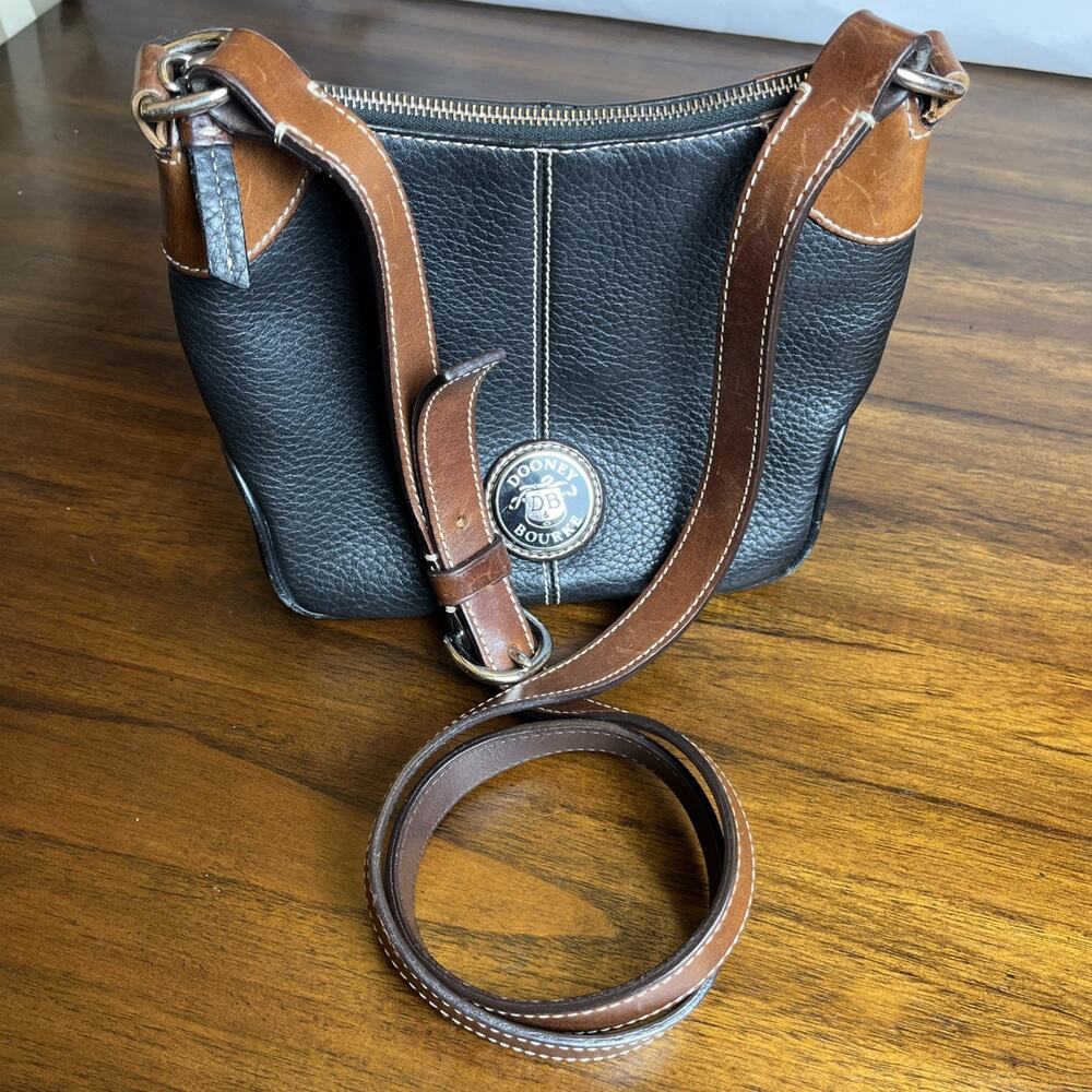 Dooney & Bourke Black Pebbled Leather 2 Medium Shoulder Crossbody Bag Brown Trim